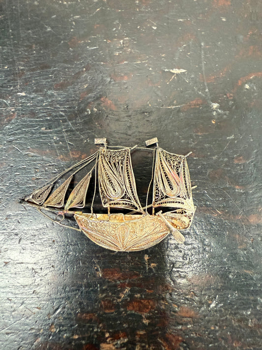 Antique Silver (900) Filigree Sailing Ship