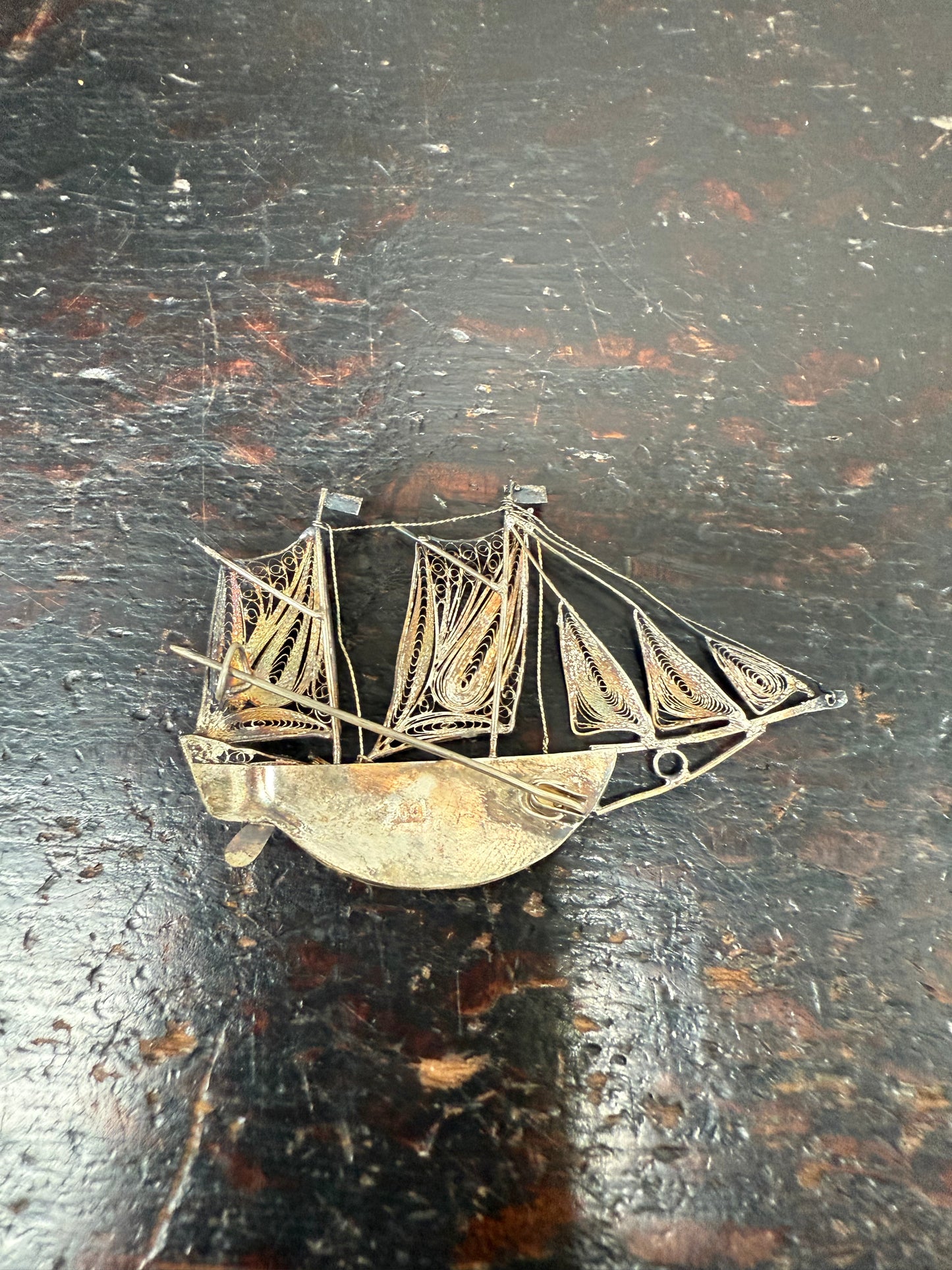 Antique Silver (900) Filigree Sailing Ship
