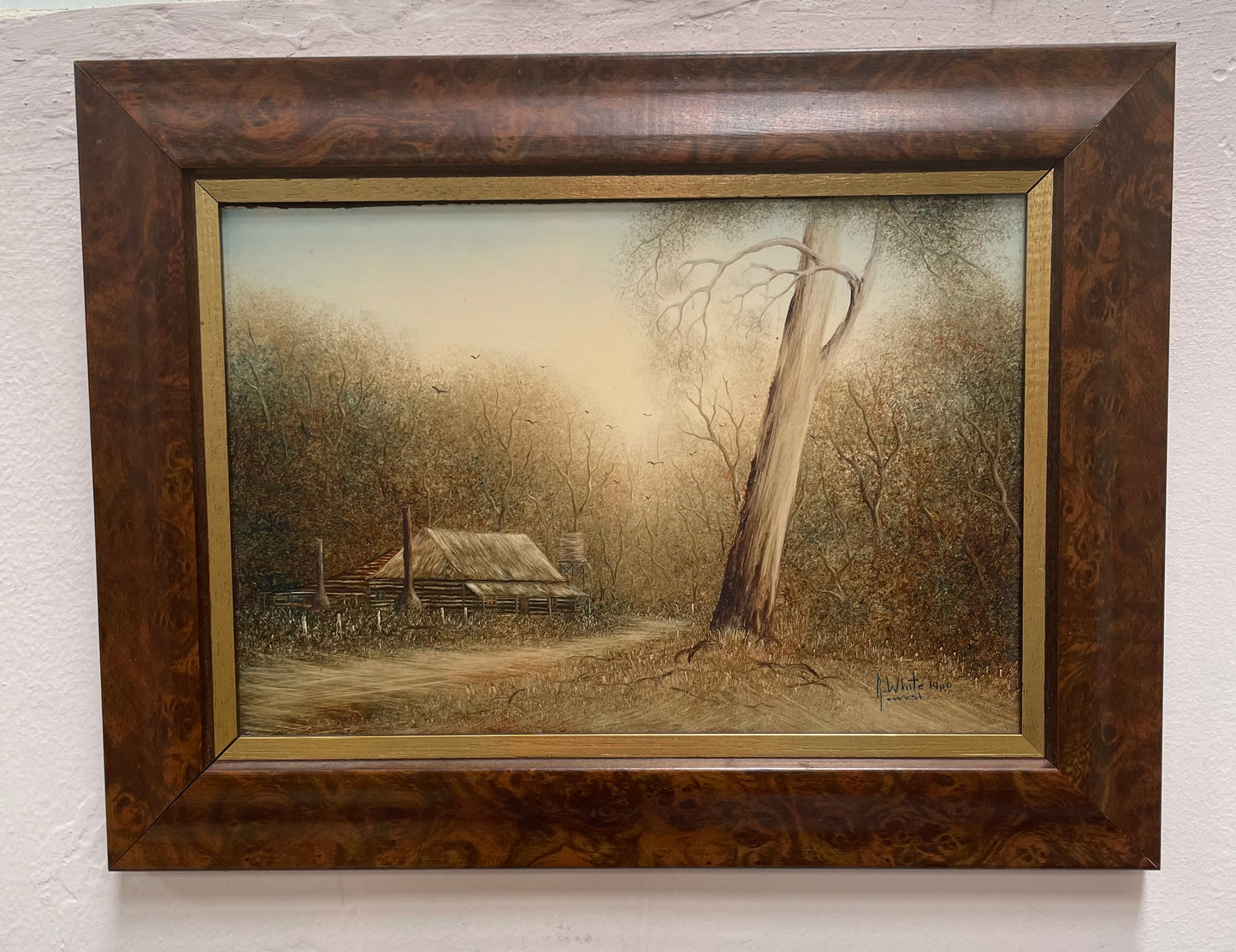 Framed Oil On Board of Farm House Scene Titled "Early Morning Mist" Circa 1980's Singed