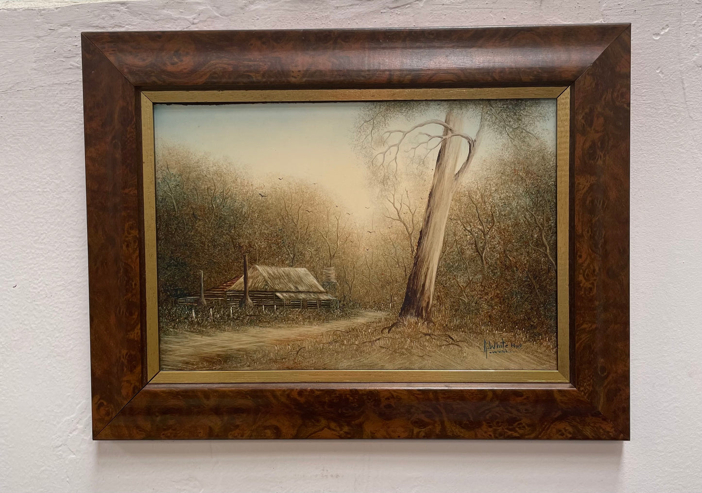 Framed Oil On Board of Farm House Scene Titled "Early Morning Mist" Circa 1980's Singed