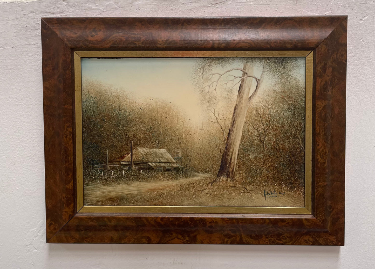 Framed Oil On Board of Farm House Scene Titled "Early Morning Mist" Circa 1980's Singed