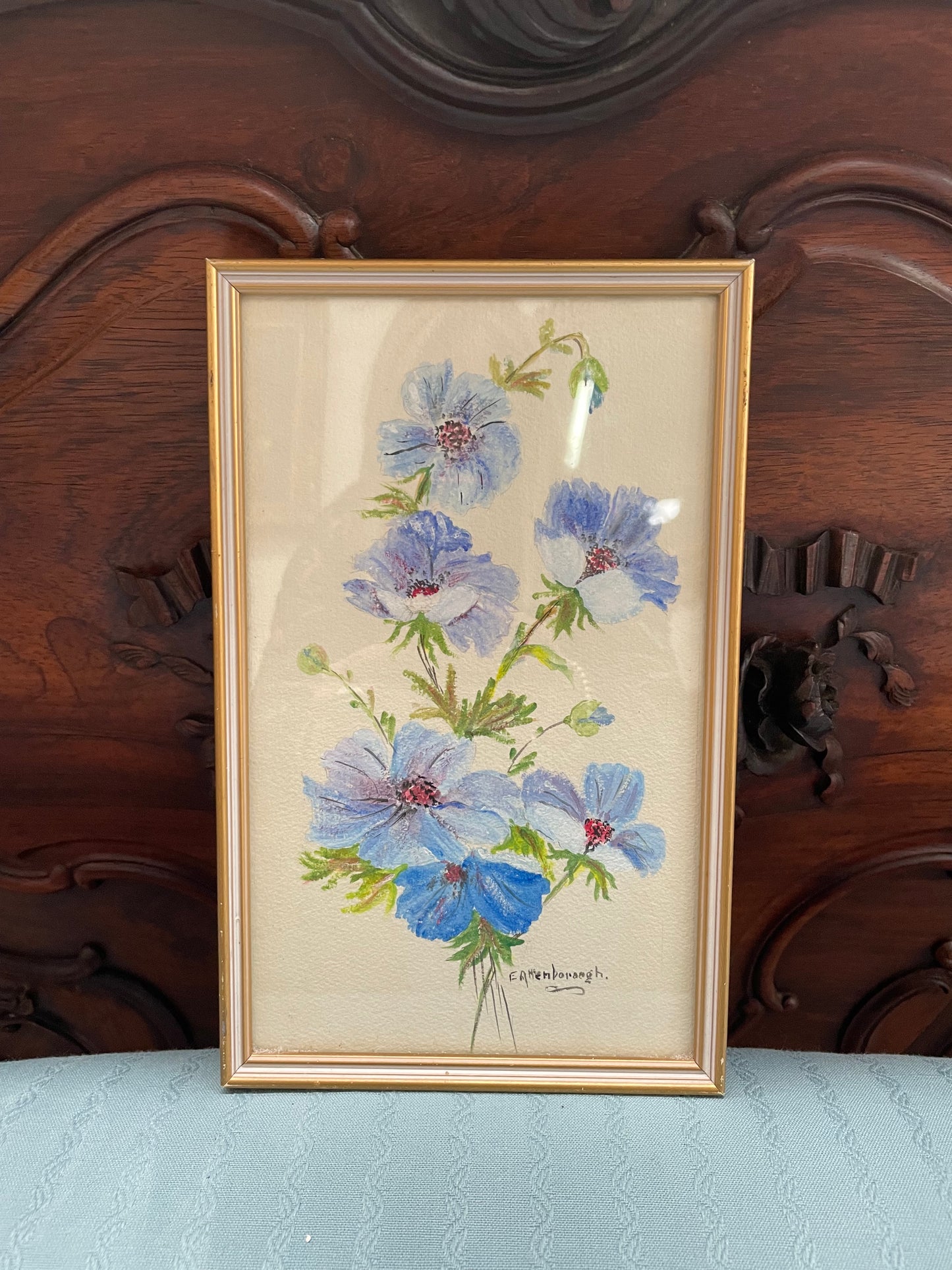 Charming framed and signed floral watercolor. Sourced locally and in good original condition.