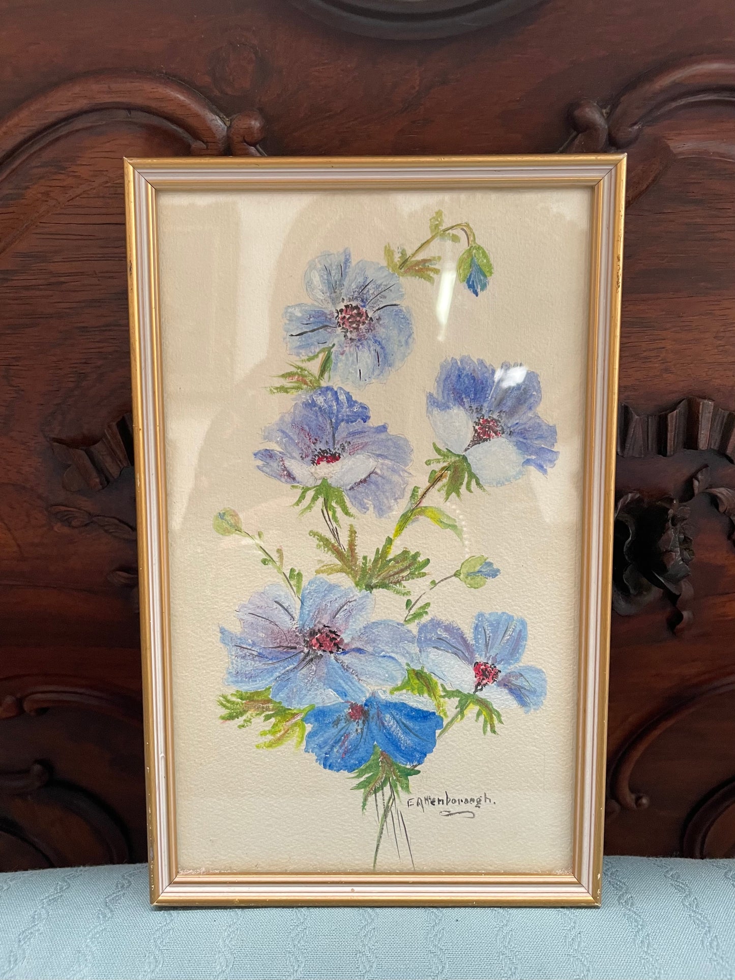 Charming framed and signed floral watercolor. Sourced locally and in good original condition.