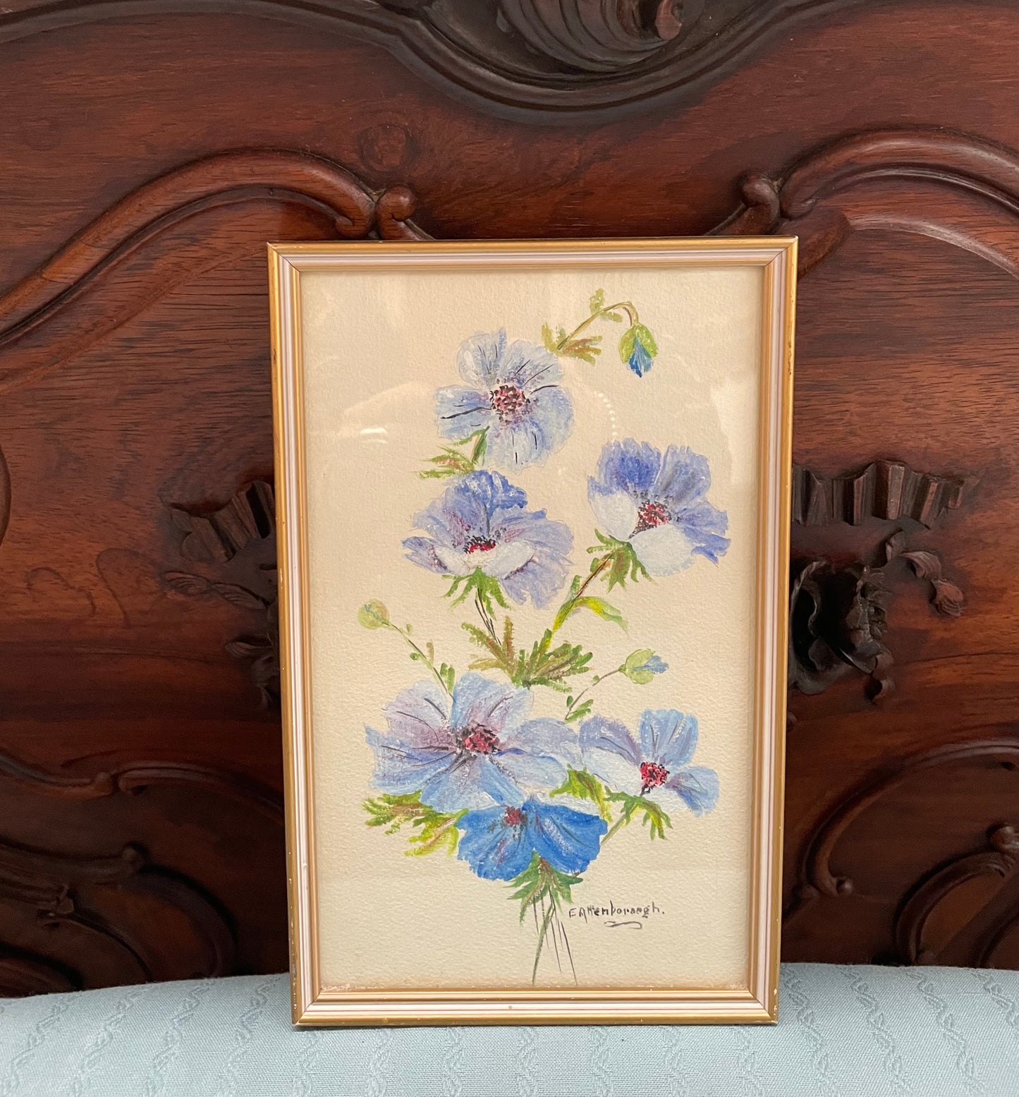 Charming framed and signed floral watercolor. Sourced locally and in good original condition.