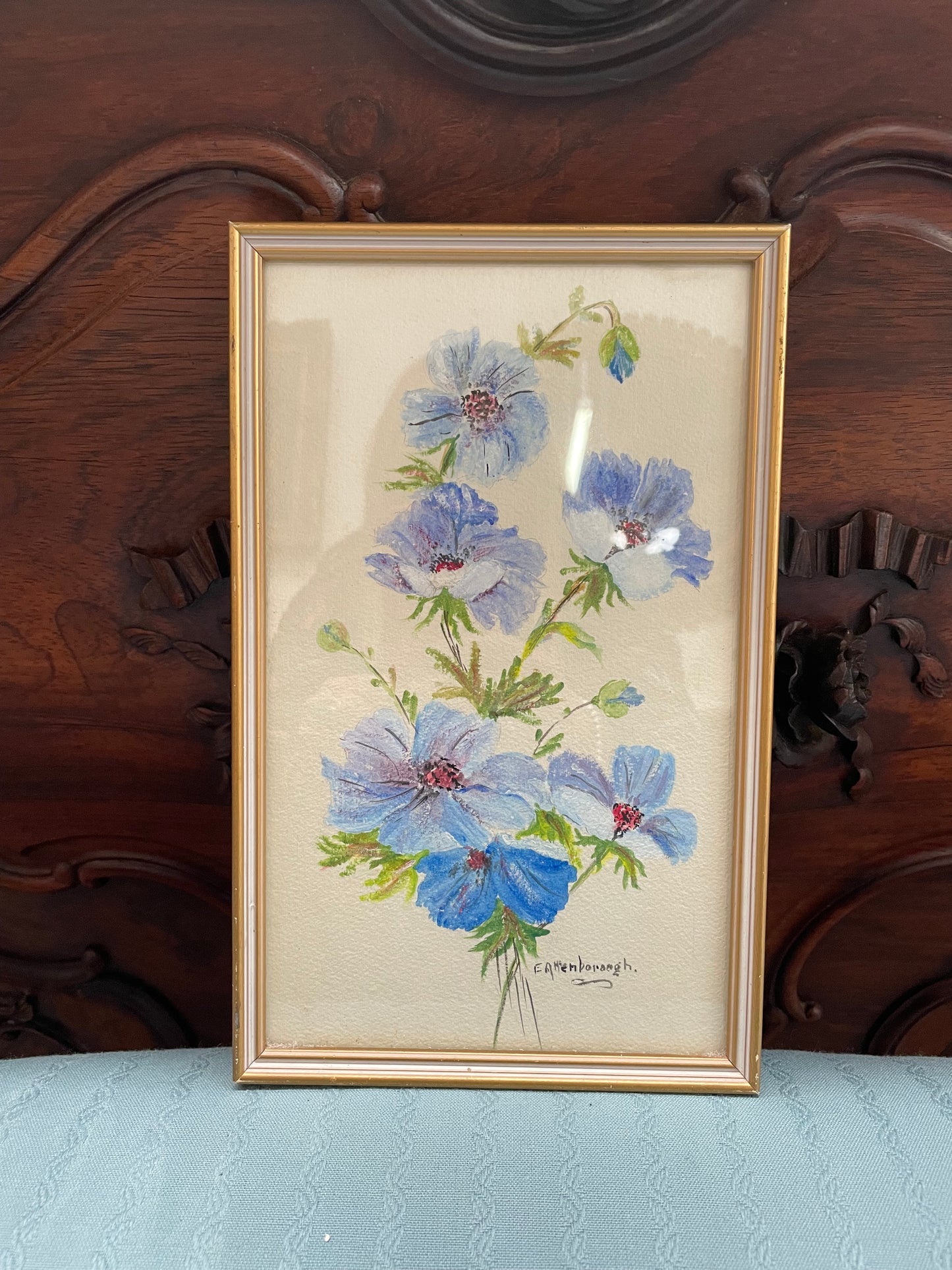 Charming framed and signed floral watercolor. Sourced locally and in good original condition.