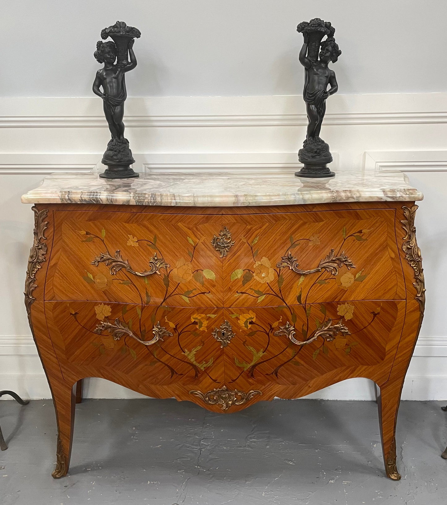 Stunning French Louis XV Style Kingwood Marquetry Inlaid Two Drawer Commode