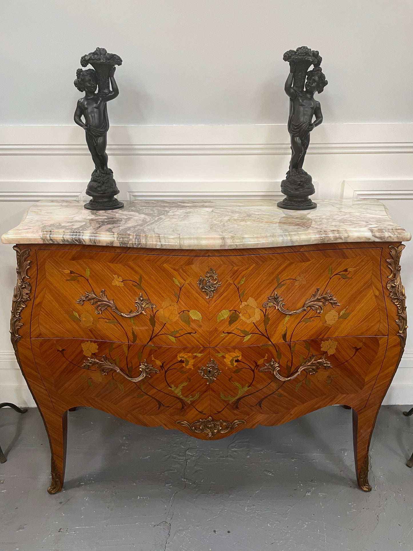 Stunning French Louis XV Style Kingwood Marquetry Inlaid Two Drawer Commode