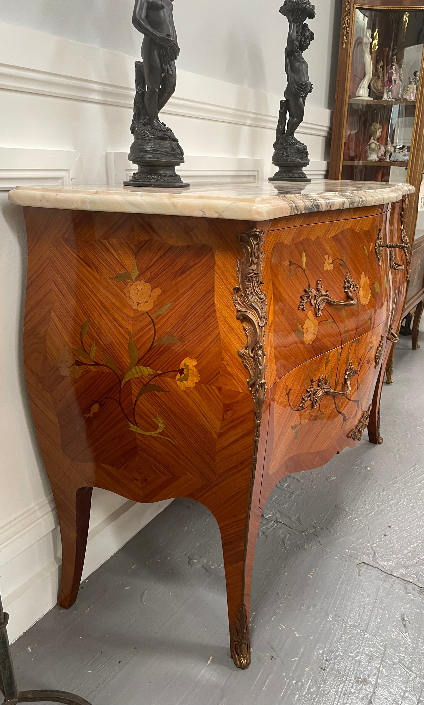 Stunning French Louis XV Style Kingwood Marquetry Inlaid Two Drawer Commode
