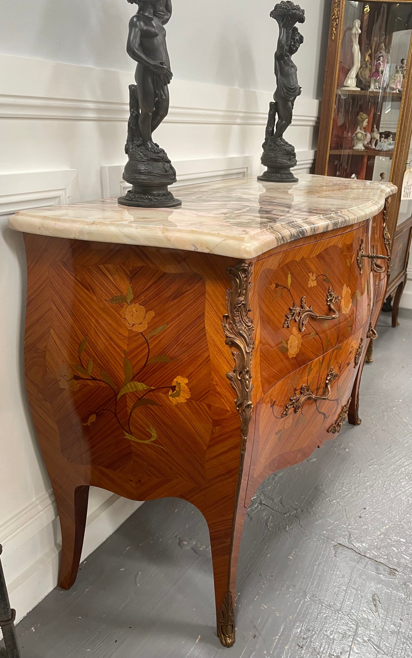 Stunning French Louis XV Style Kingwood Marquetry Inlaid Two Drawer Commode
