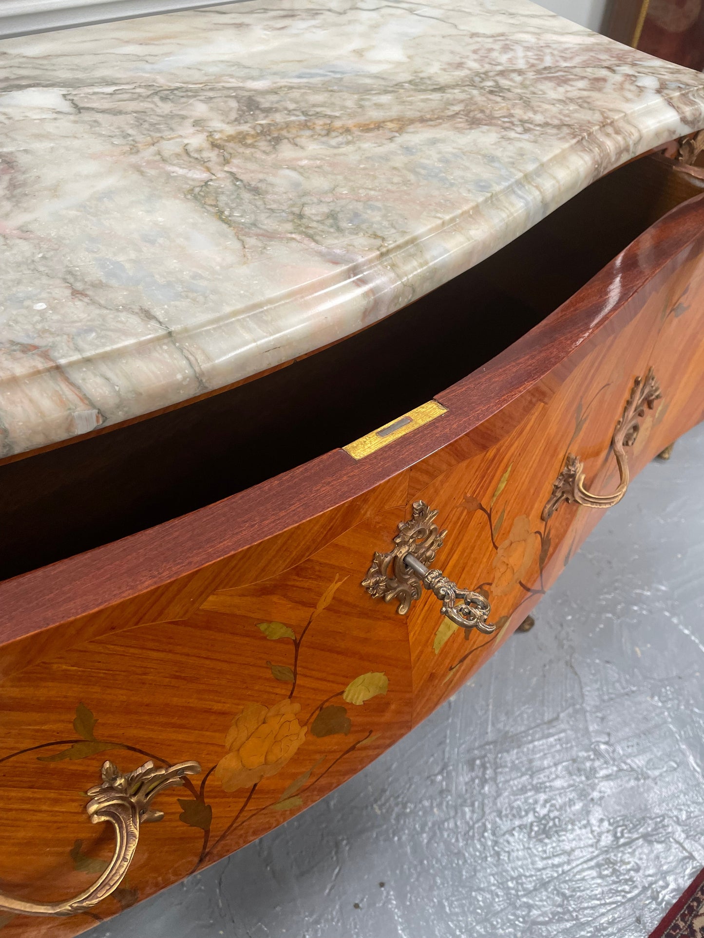 Stunning French Louis XV Style Kingwood Marquetry Inlaid Two Drawer Commode