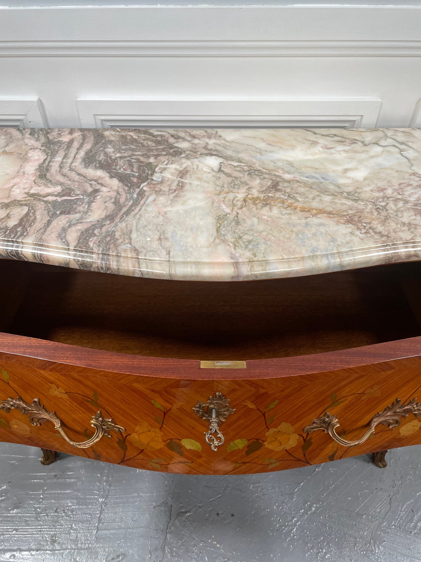 Stunning French Louis XV Style Kingwood Marquetry Inlaid Two Drawer Commode
