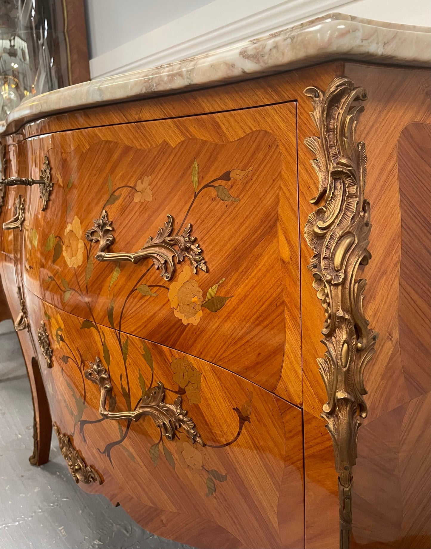 Stunning French Louis XV Style Kingwood Marquetry Inlaid Two Drawer Commode