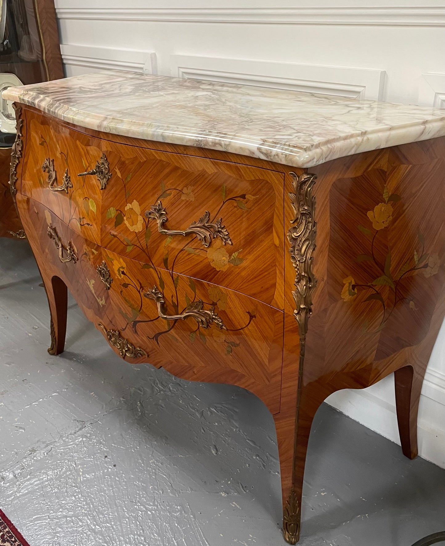 Stunning French Louis XV Style Kingwood Marquetry Inlaid Two Drawer Commode