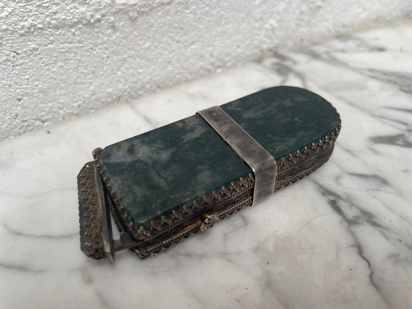 Victorian Moss Agate & Silver Vesta Case