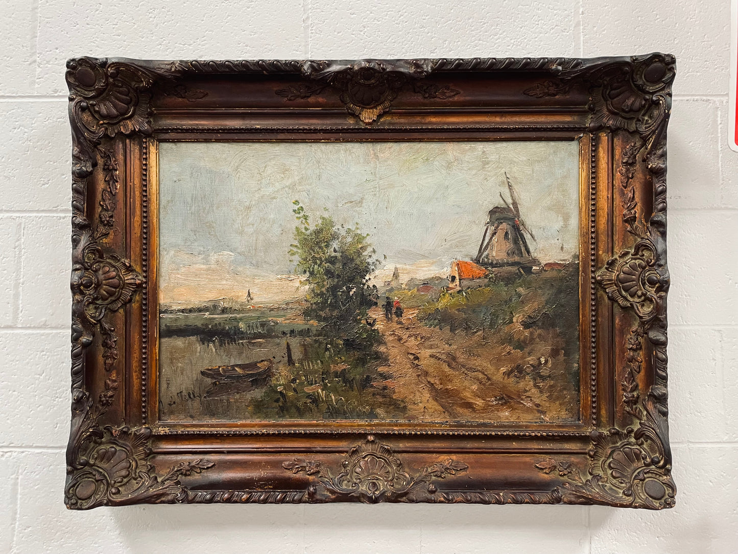 Fabulous Dutch oil painting landscape with windmill in a beautiful decorative ornate frame. It has been sourced from France and is in good original detailed condition.