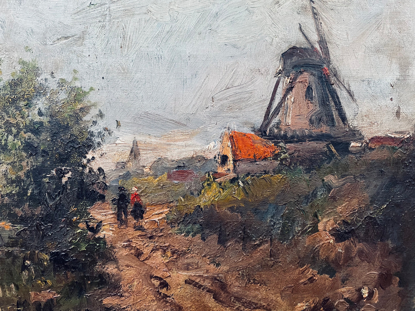 Fabulous Dutch oil painting landscape with windmill in a beautiful decorative ornate frame. It has been sourced from France and is in good original detailed condition.