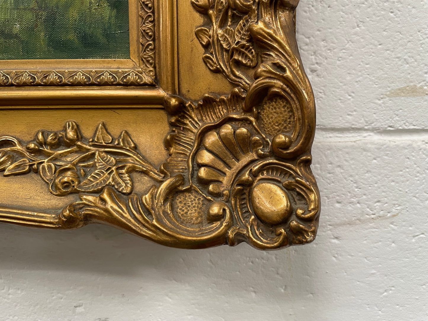 Fabulous large French oil on canvas depicting a country house with chickens around the garden. It is framed in a lovely ornate gold frame and in good original condition.