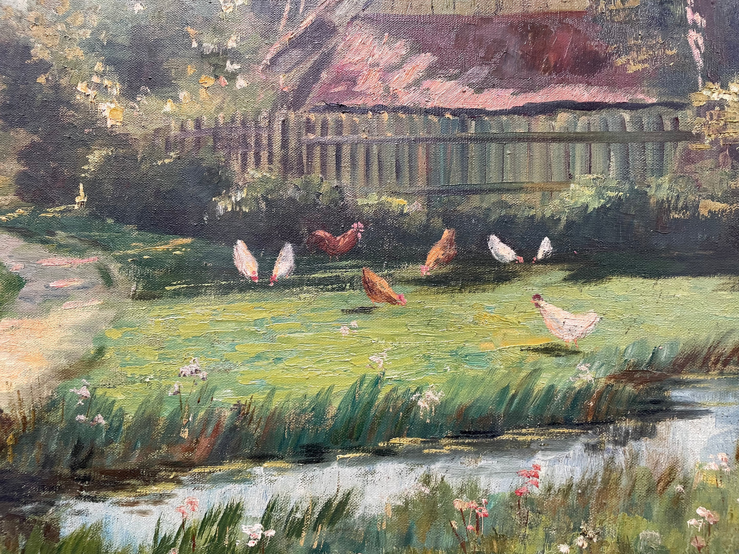 Fabulous large French oil on canvas depicting a country house with chickens around the garden. It is framed in a lovely ornate gold frame and in good original condition.