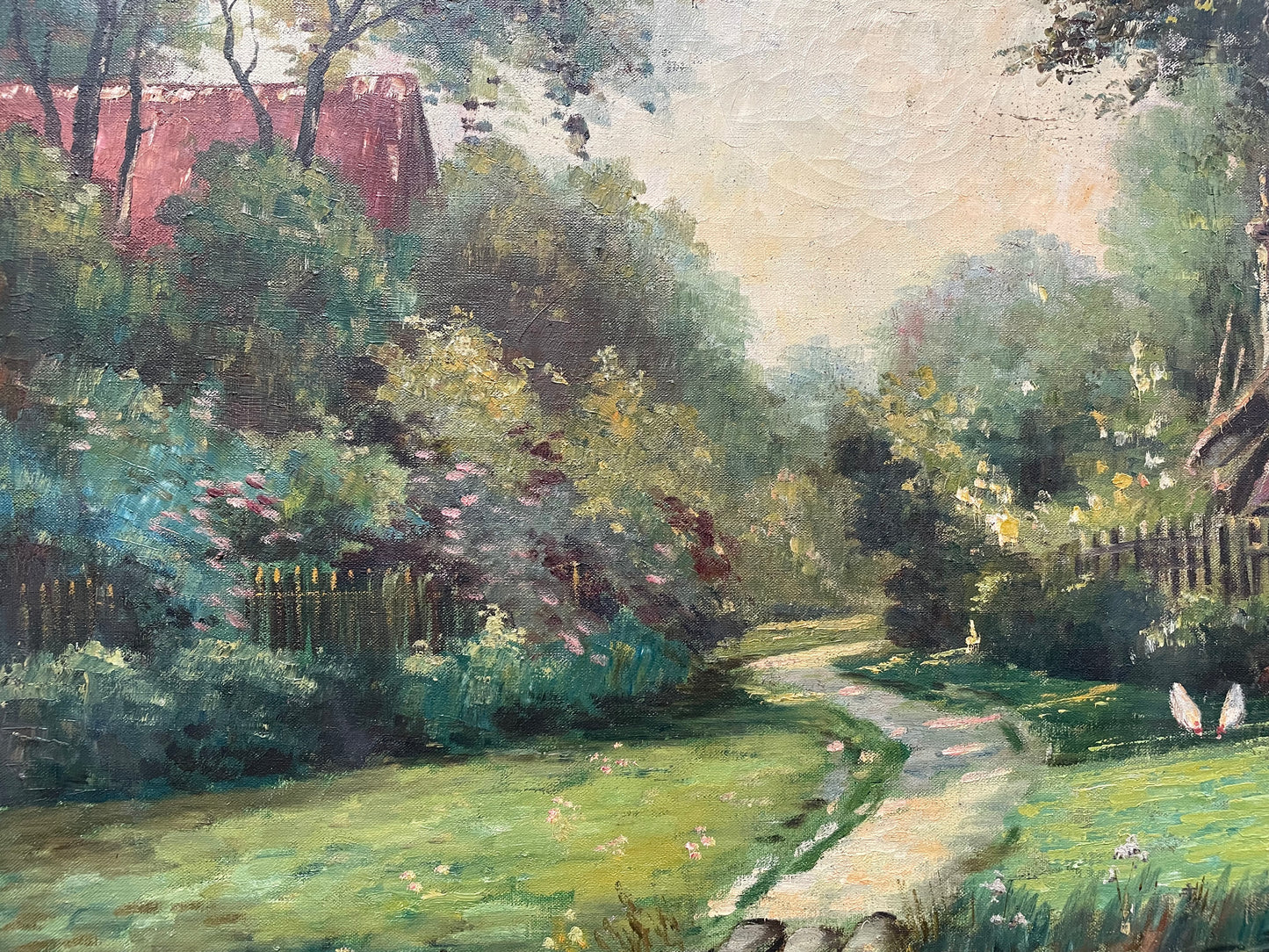 Fabulous large French oil on canvas depicting a country house with chickens around the garden. It is framed in a lovely ornate gold frame and in good original condition.