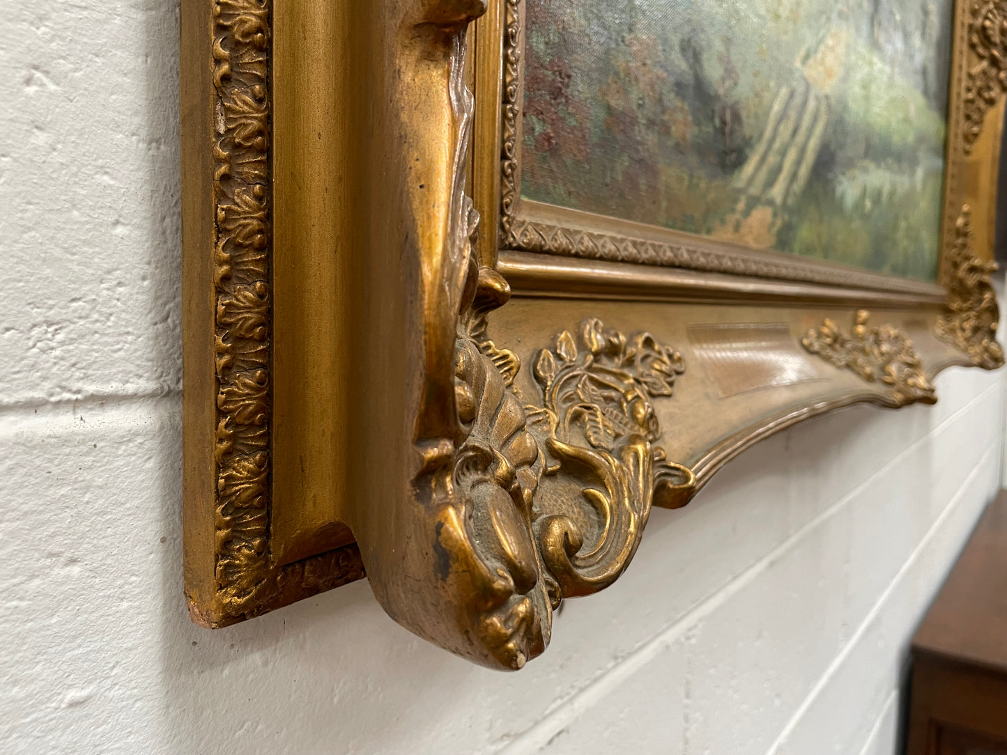 Fabulous large French oil on canvas depicting a country house with chickens around the garden. It is framed in a lovely ornate gold frame and in good original condition.