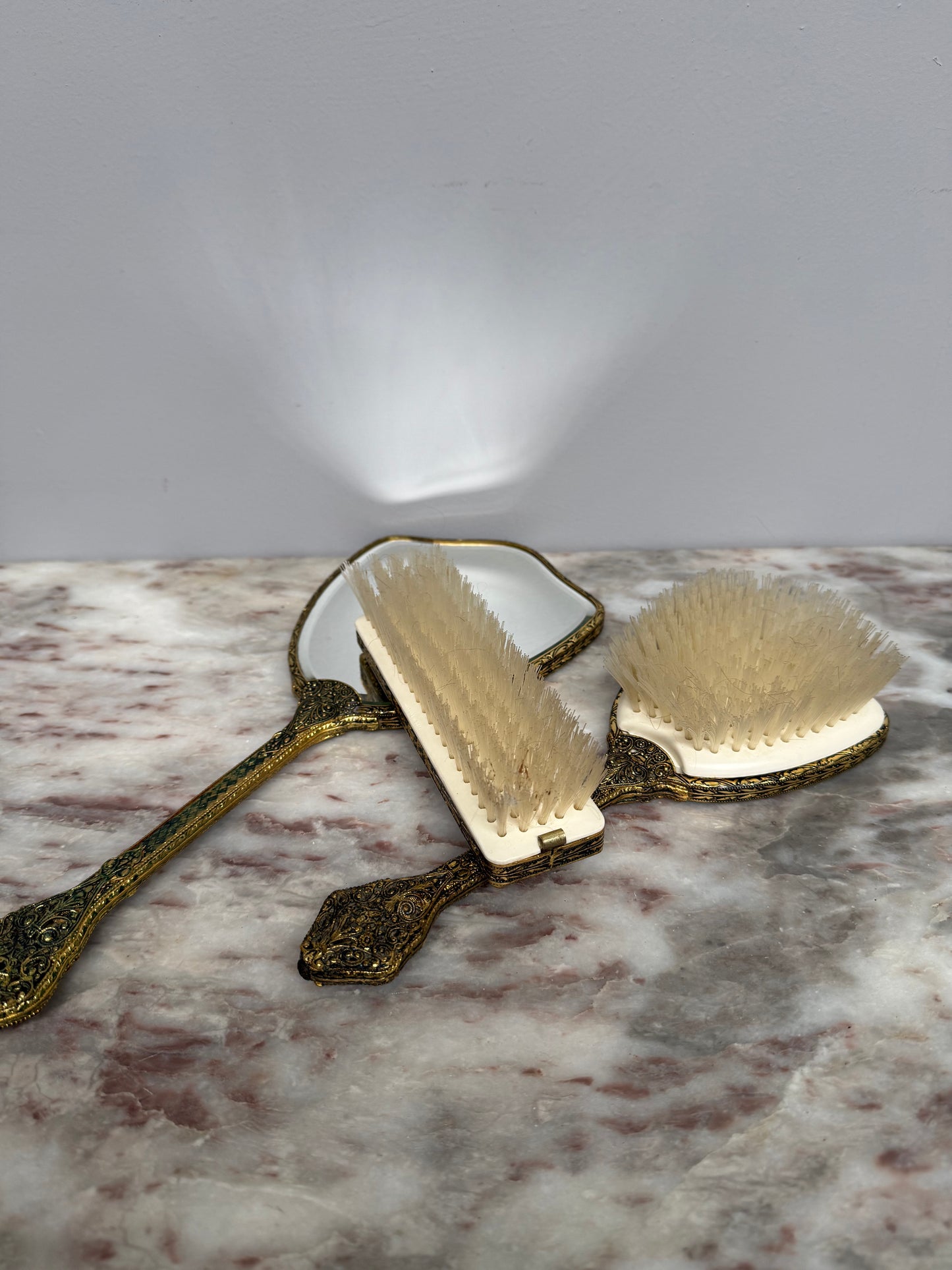 Vintage 3Pce Gilt Filigree Petit Point Vanity Set
