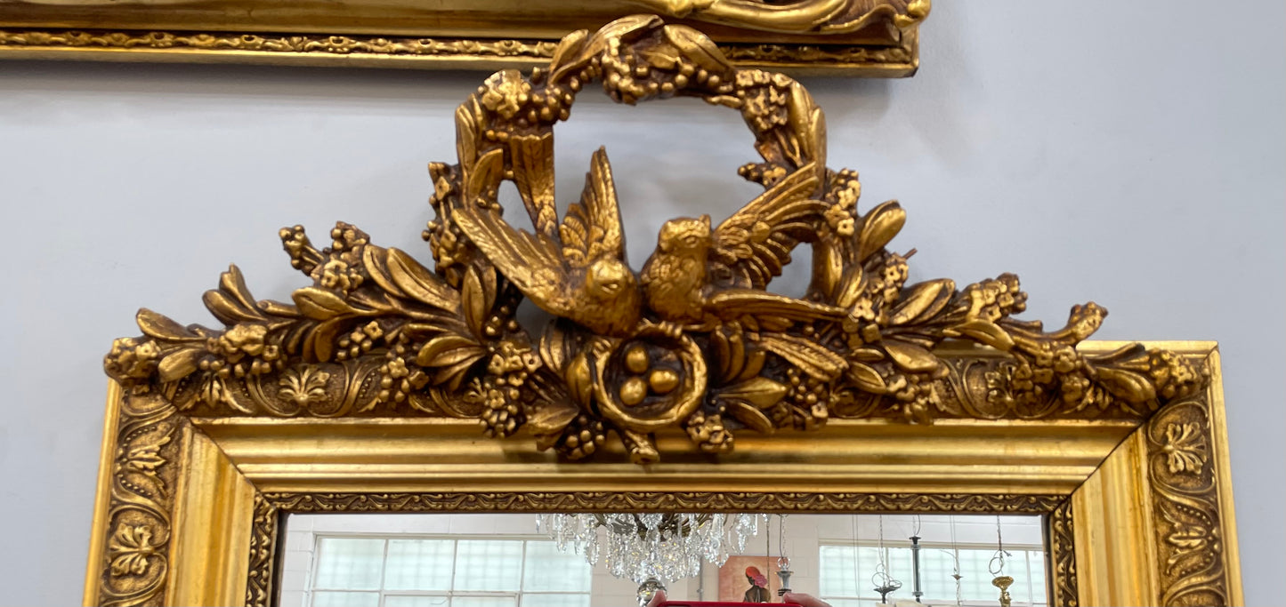 Compact Late 19th Century French Gilt Framed Wall Mirror Featuring Carved Birds
