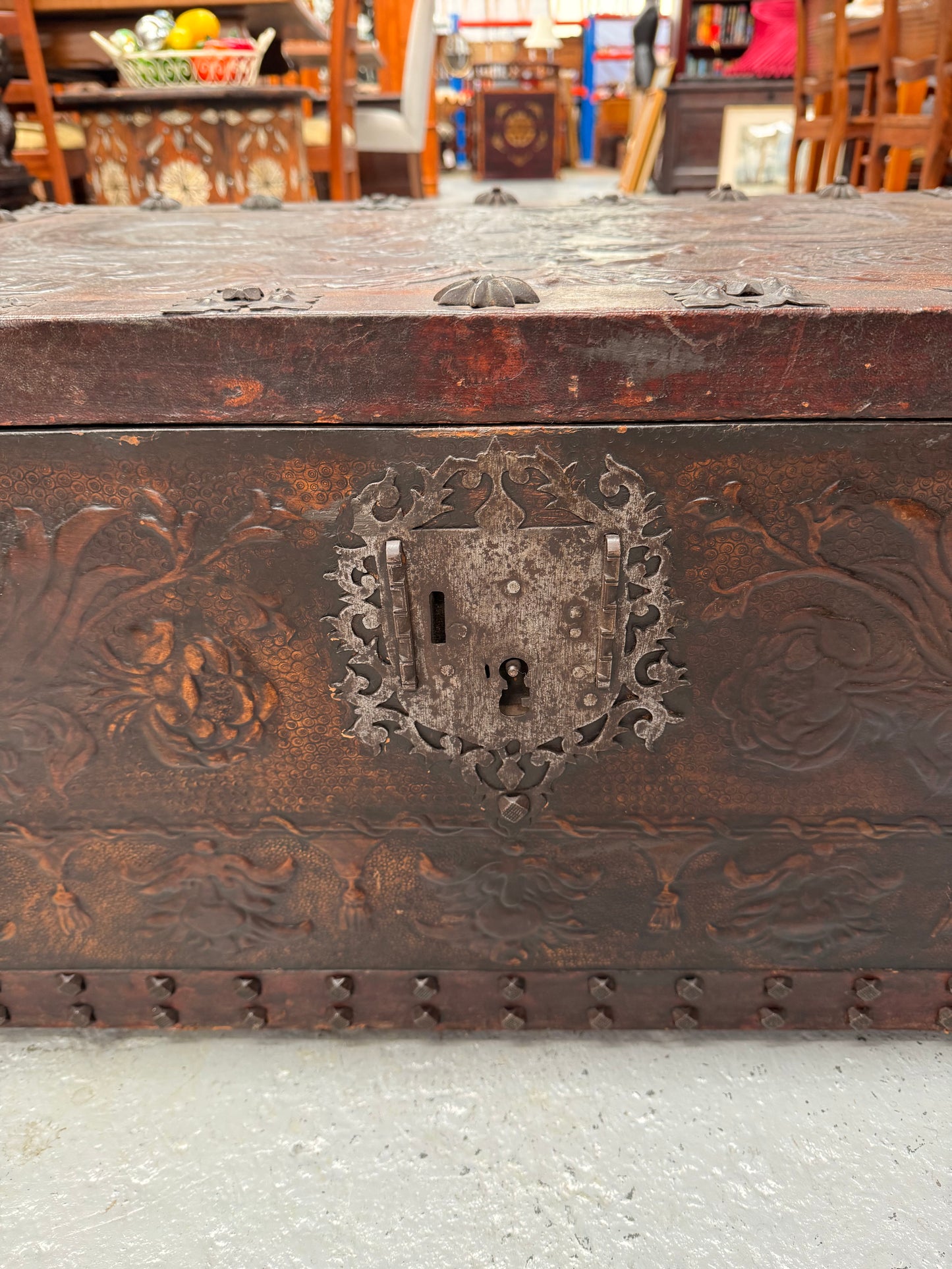 Victorian Arts & Crafts Leather Embossed Trunk