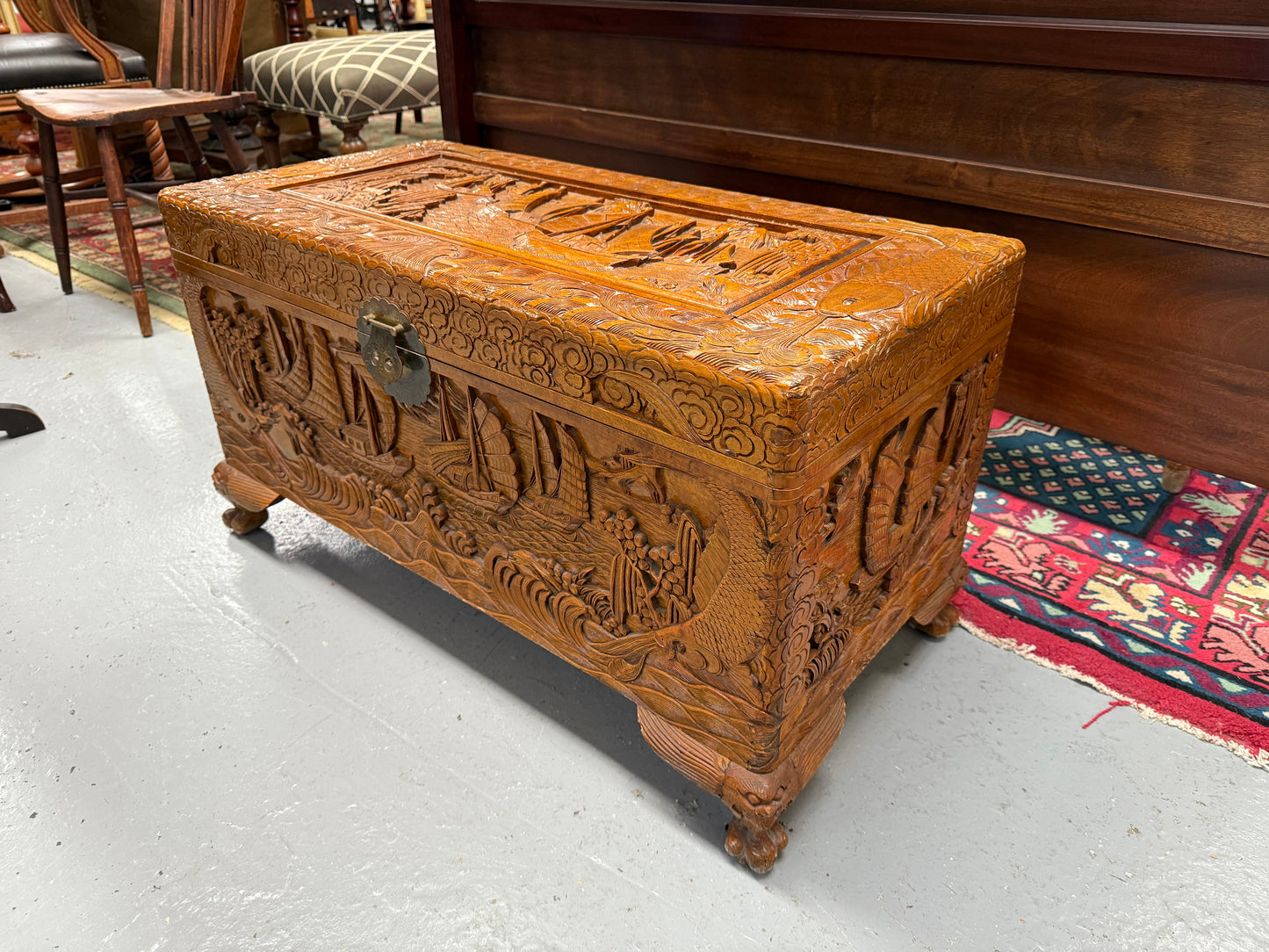 Vintage Carved Camphorwood Chest On Four Lion Feet