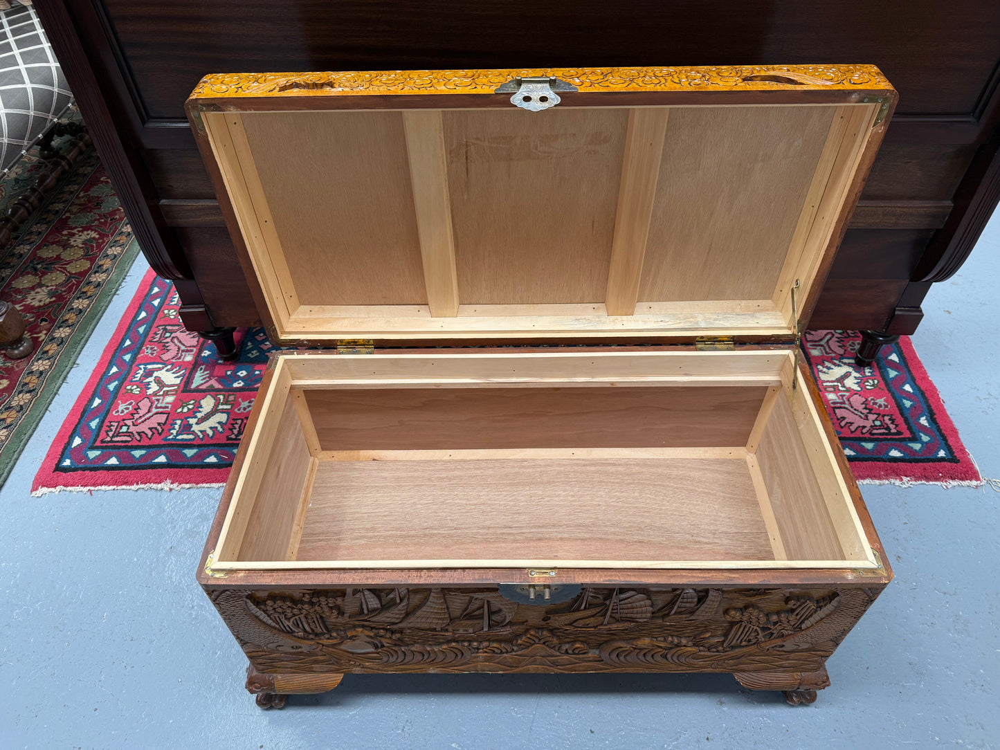 Vintage Carved Camphorwood Chest On Four Lion Feet