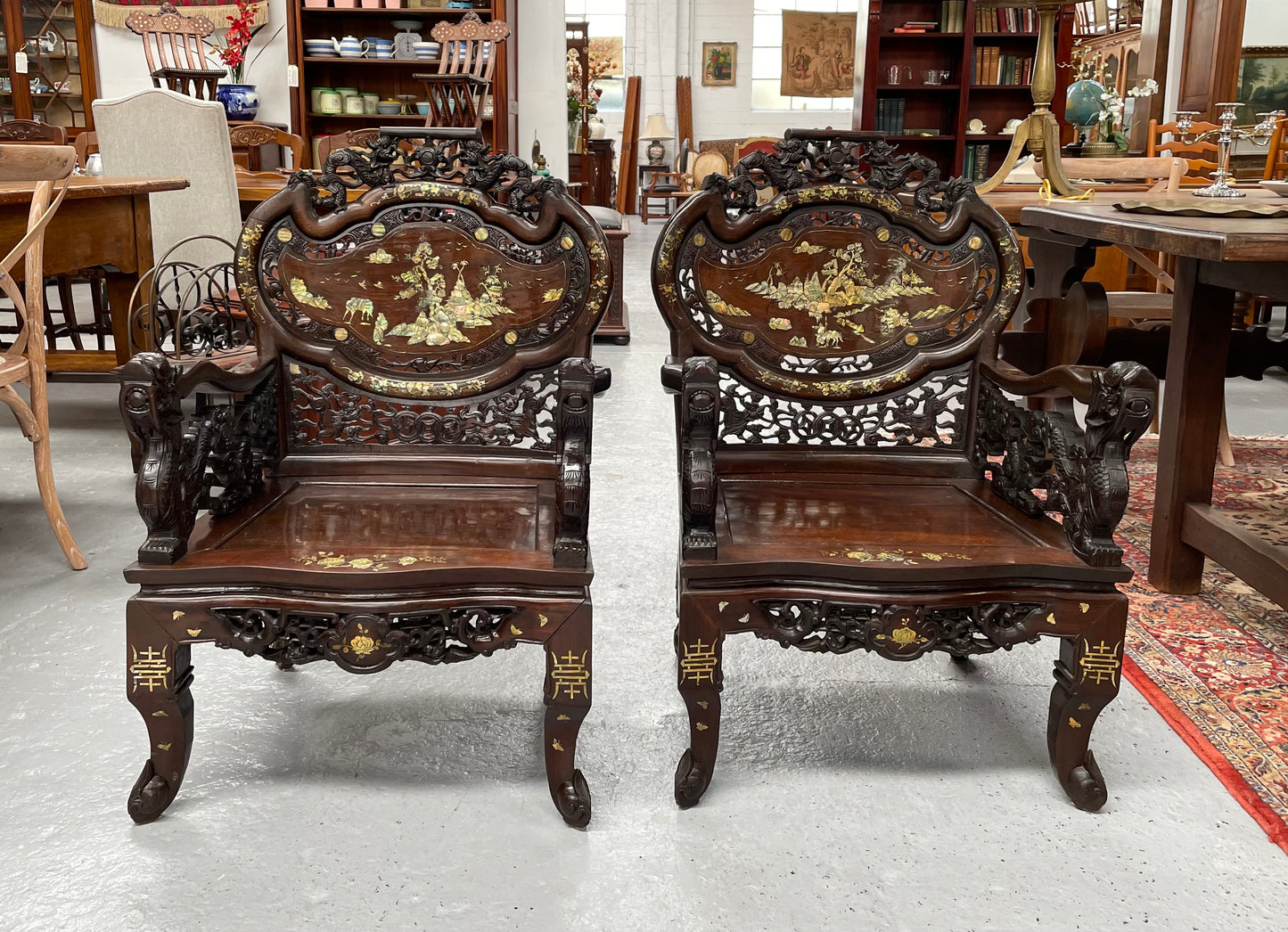 Pair Intricately Carved Rose Wood  & Inlaid Mother Of Pearl Oriental Armchairs