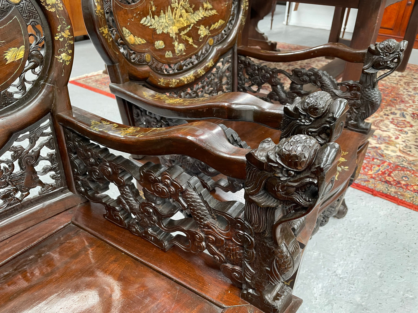 Pair Intricately Carved Rose Wood  & Inlaid Mother Of Pearl Oriental Armchairs
