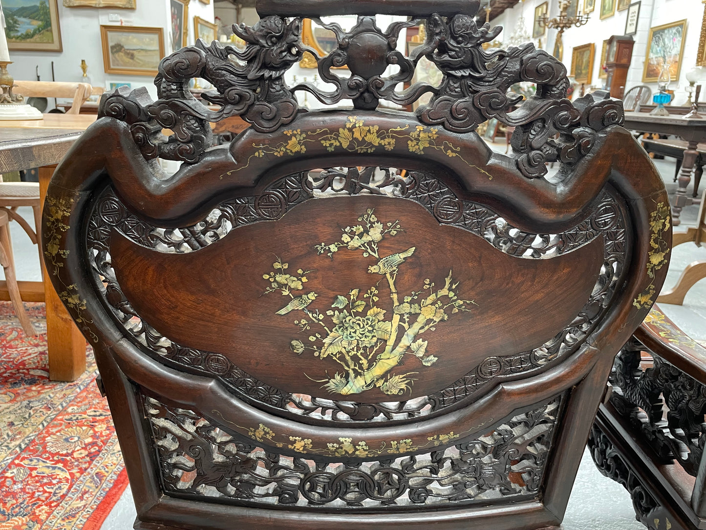 Pair Intricately Carved Rose Wood  & Inlaid Mother Of Pearl Oriental Armchairs