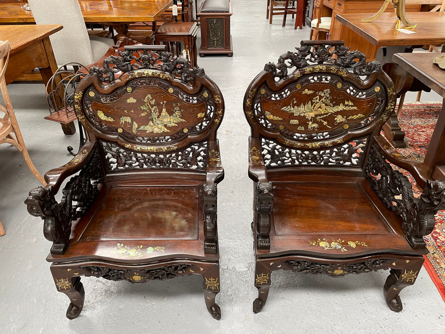 Pair Intricately Carved Rose Wood  & Inlaid Mother Of Pearl Oriental Armchairs