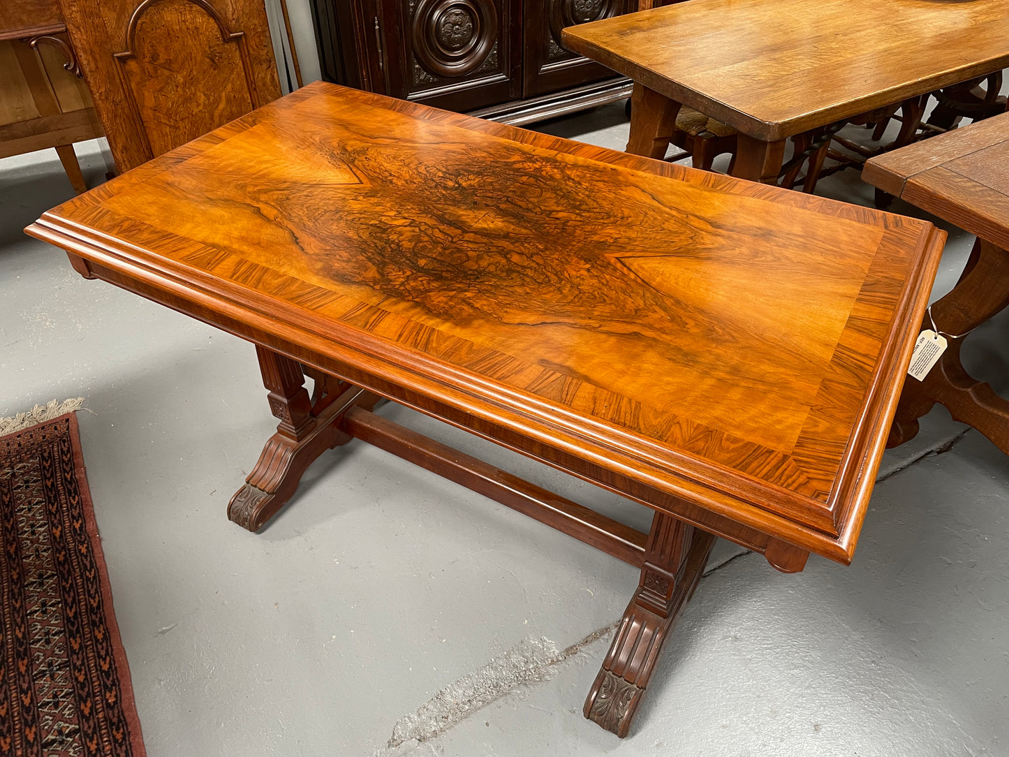 Stunning Victorian walnut and figured walnut top side table / sofa table. Beautifully carved base and in good original detailed condition.