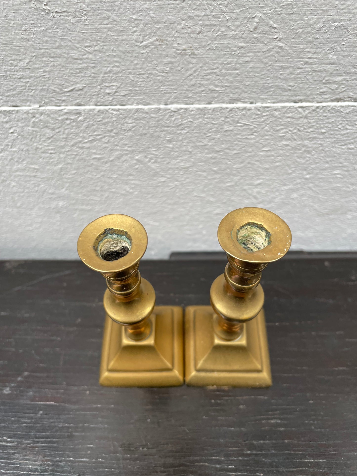 Pair Antique Miniature Brass Candle Holders