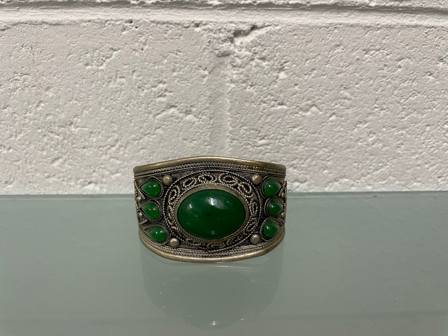 Vintage Asian Silver Wide Cuff With Green Stones