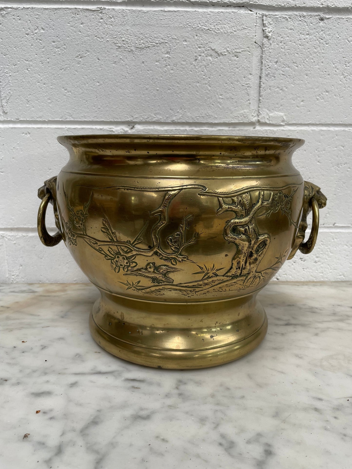Large Vintage Heavy Rustic Brass Oriental Jardiniere