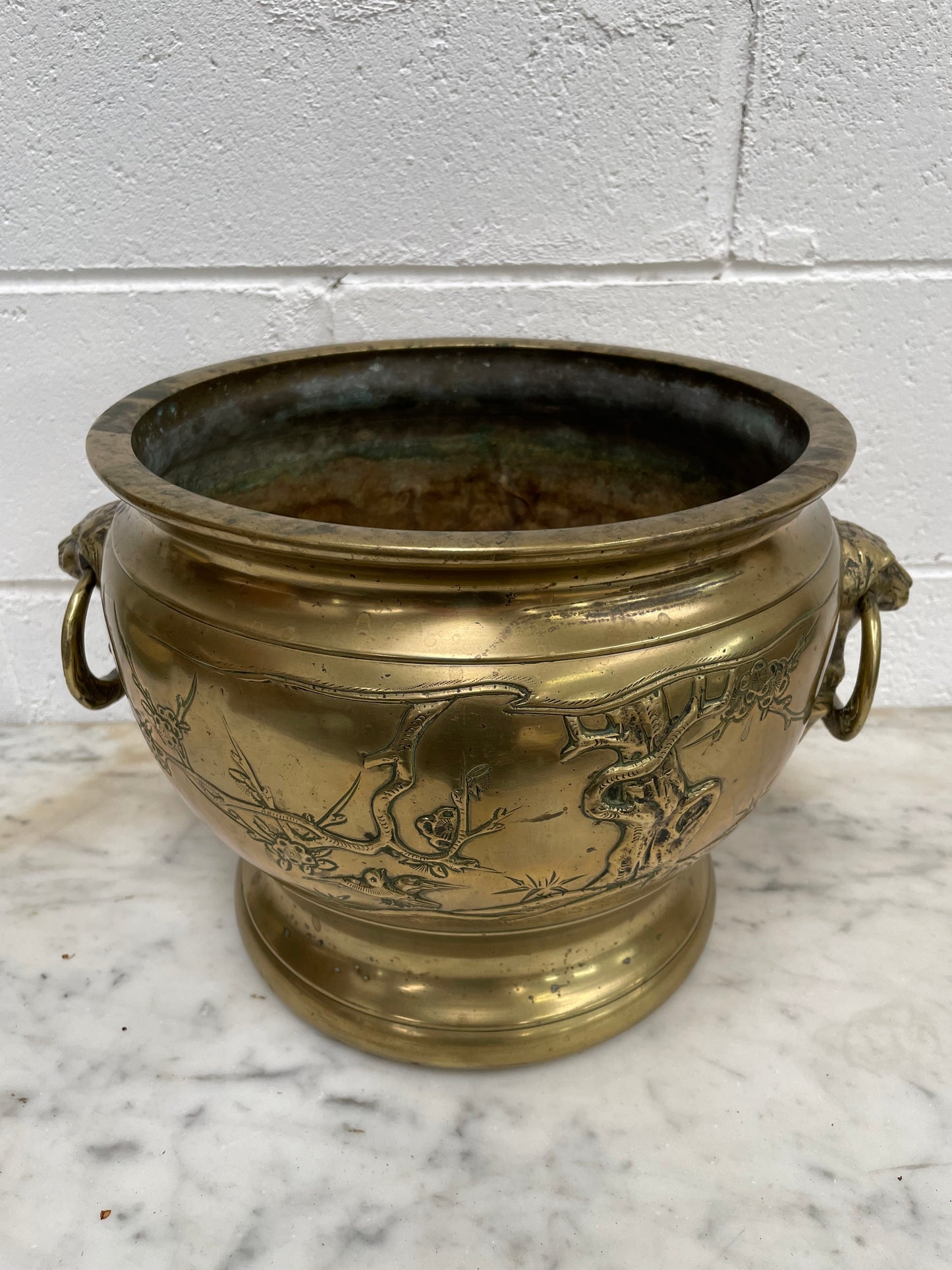 Large Vintage Heavy Rustic Brass Oriental Jardiniere
