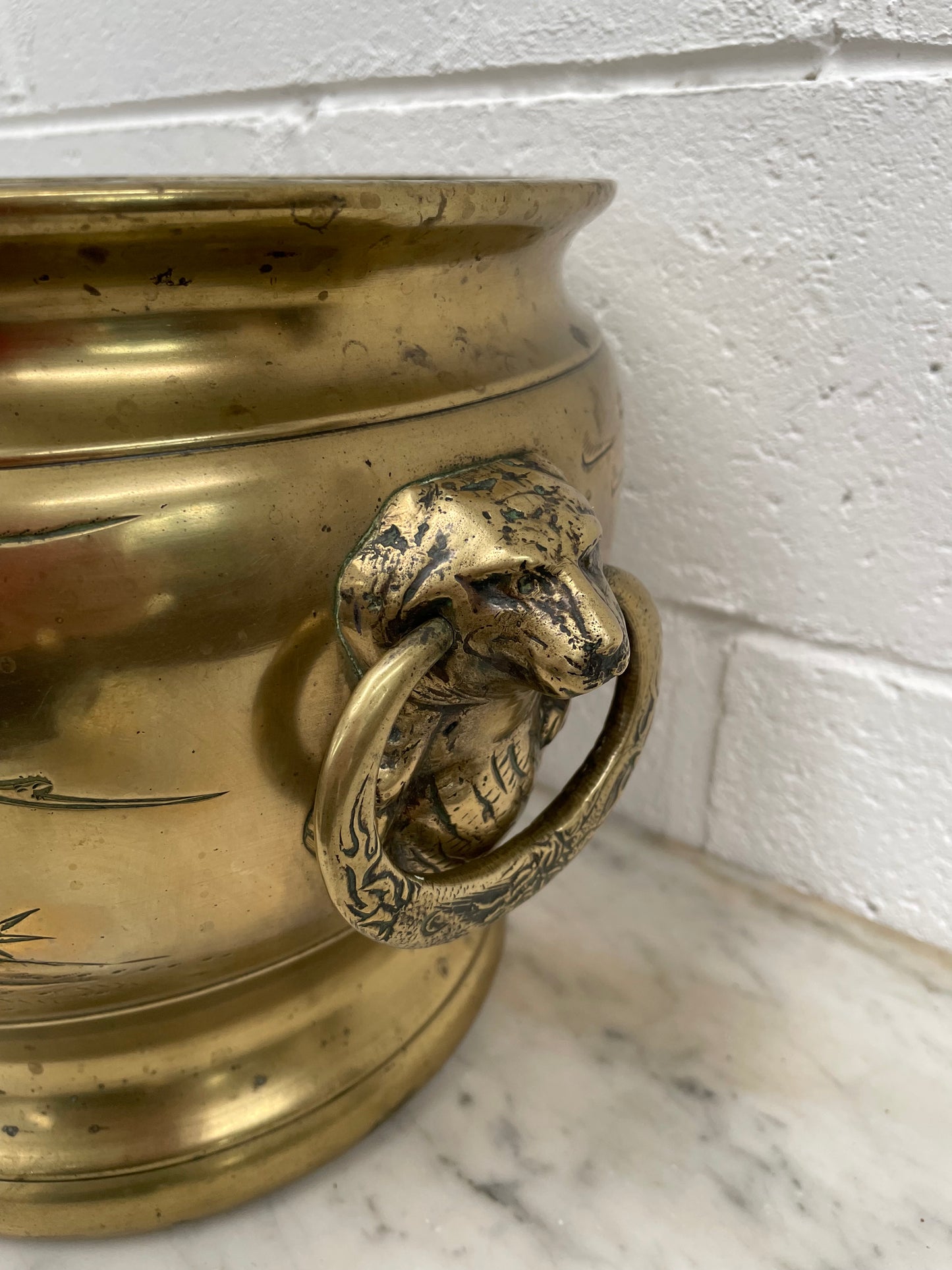 Large Vintage Heavy Rustic Brass Oriental Jardiniere