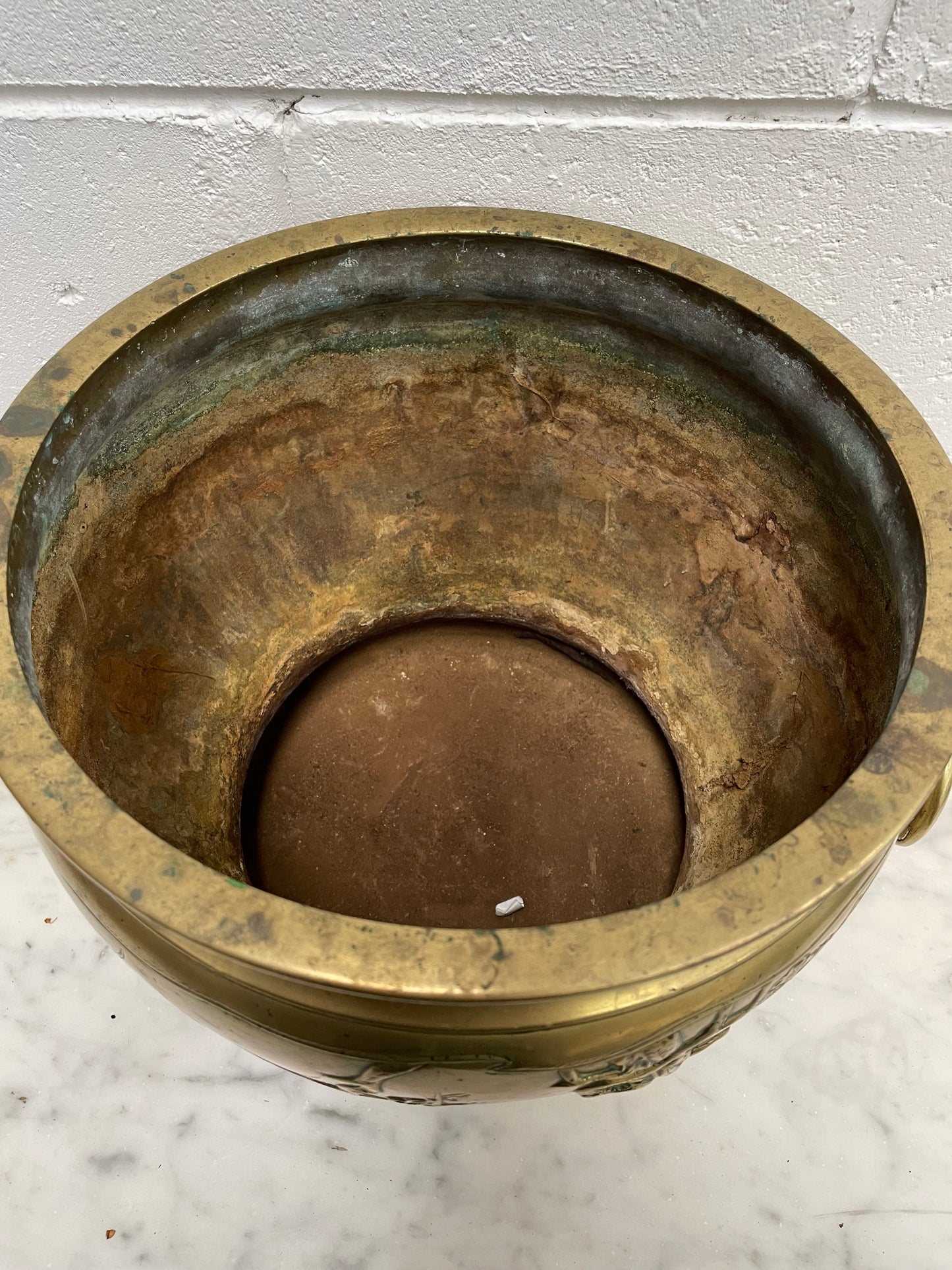 Large Vintage Heavy Rustic Brass Oriental Jardiniere