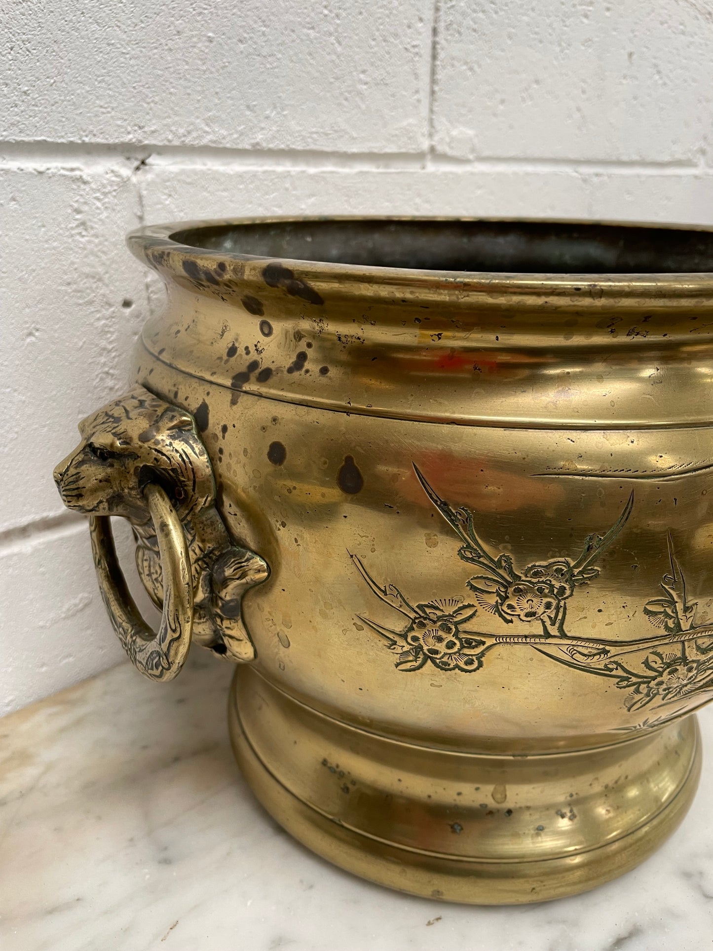 Large Vintage Heavy Rustic Brass Oriental Jardiniere
