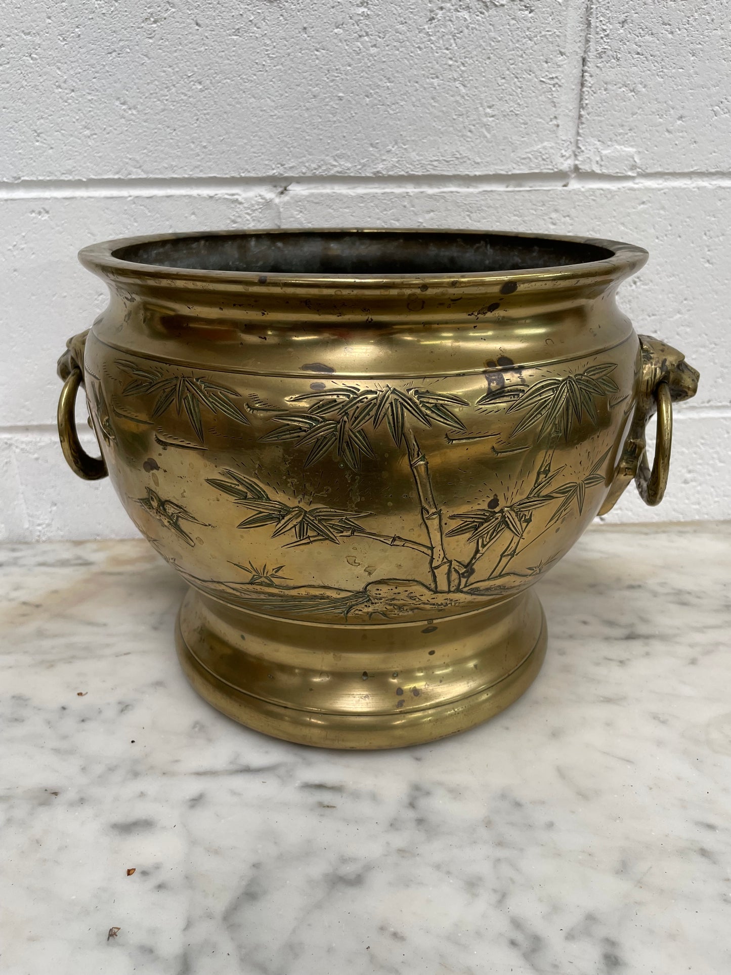 Large Vintage Heavy Rustic Brass Oriental Jardiniere