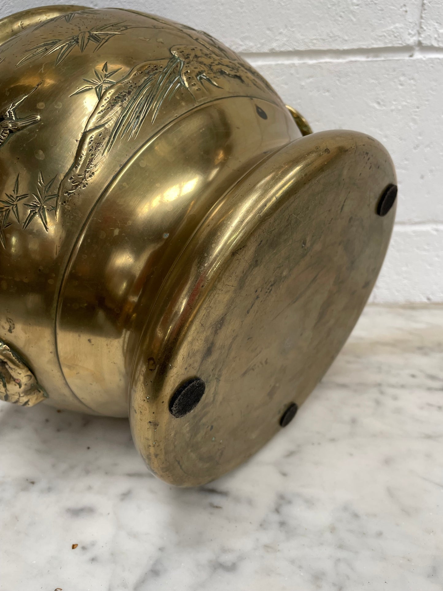 Large Vintage Heavy Rustic Brass Oriental Jardiniere