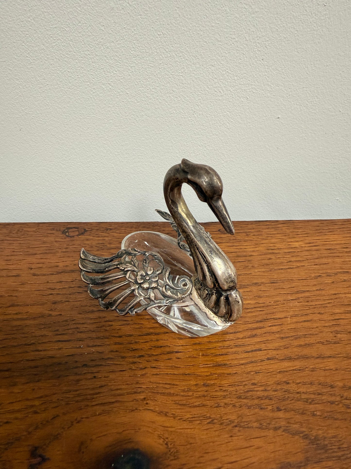 Antique Sterling Silver (925) Crystal Swan Salt Cellar