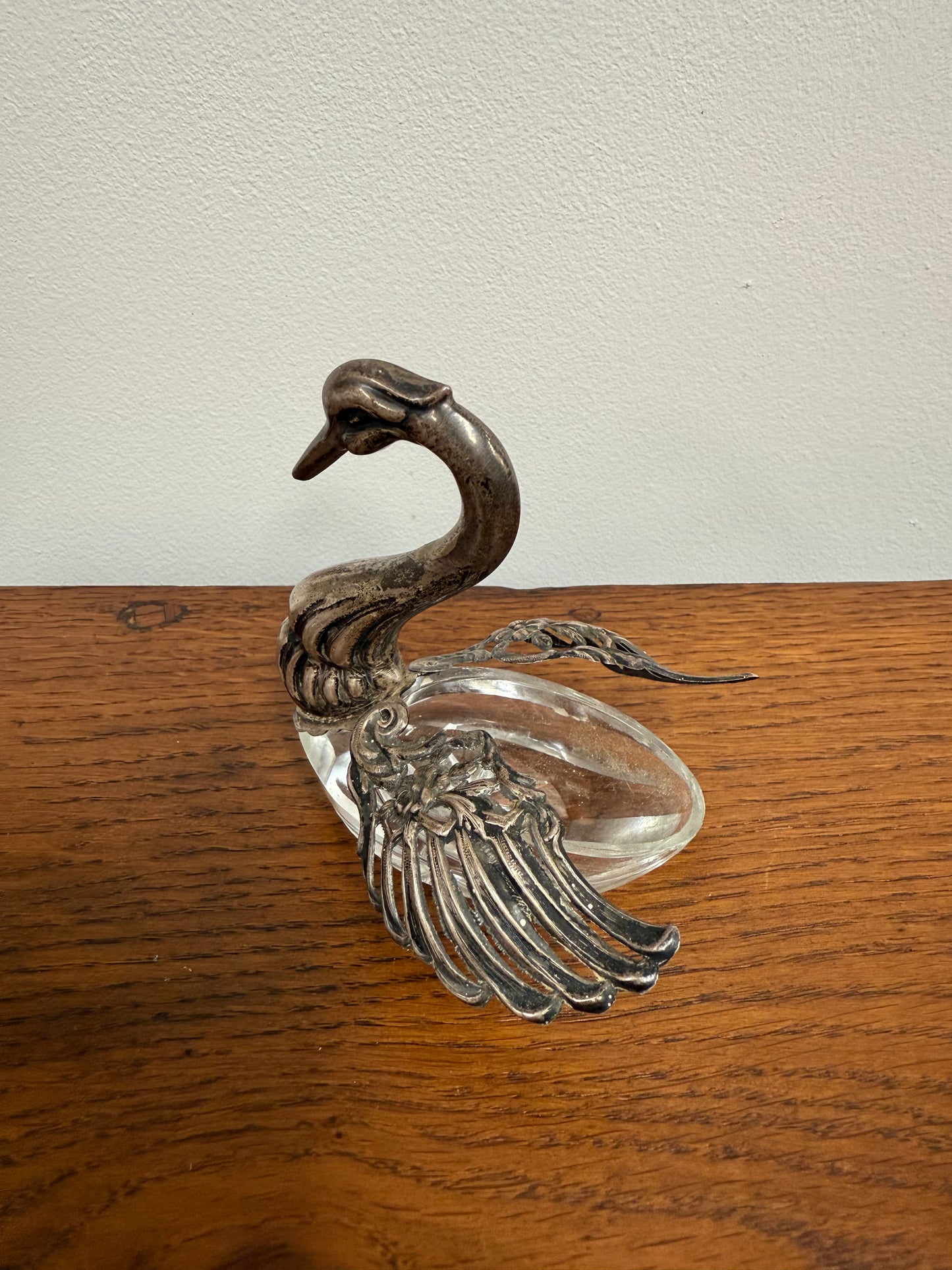 Antique Sterling Silver (925) Crystal Swan Salt Cellar