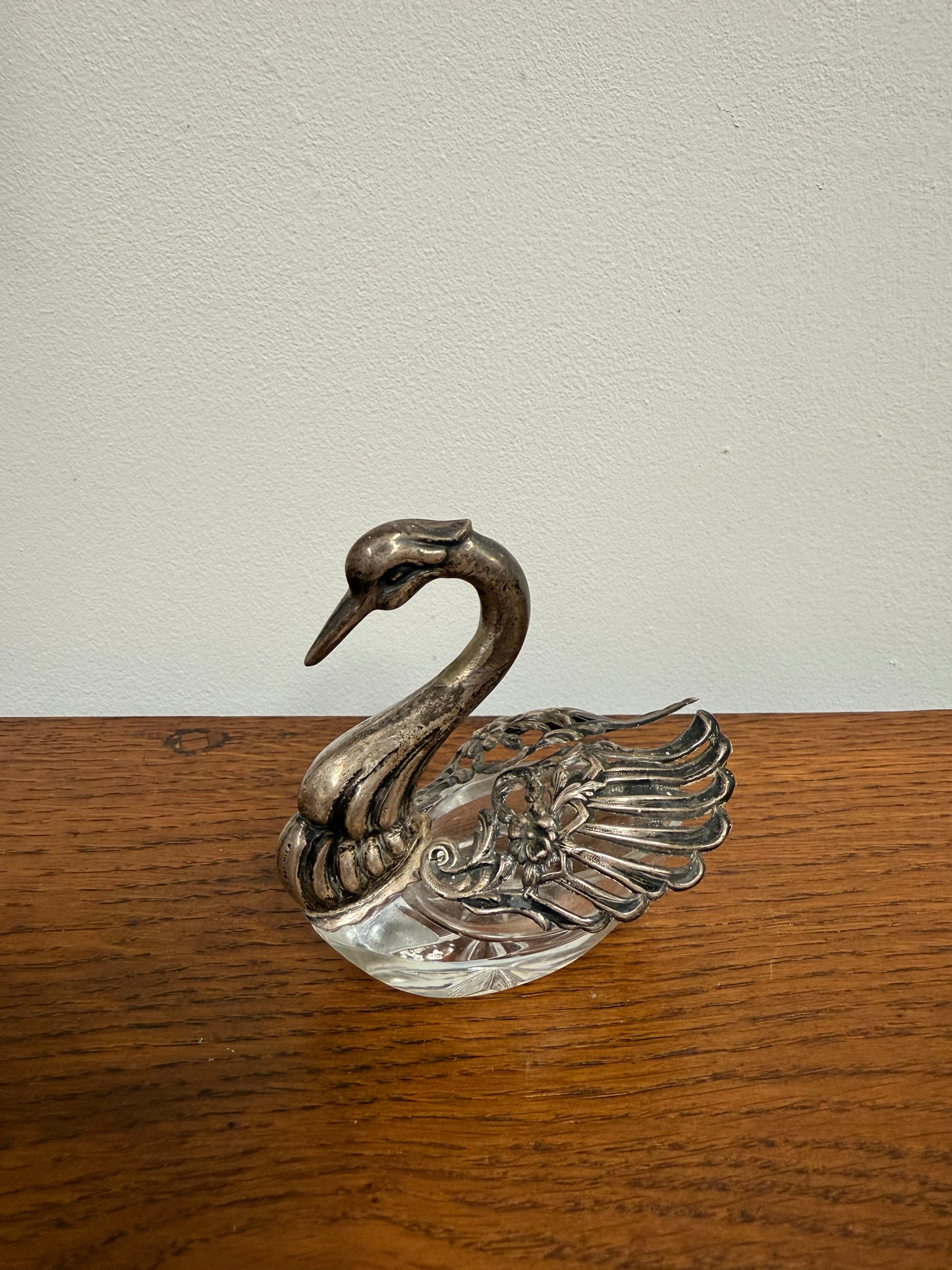 Antique Sterling Silver (925) Crystal Swan Salt Cellar