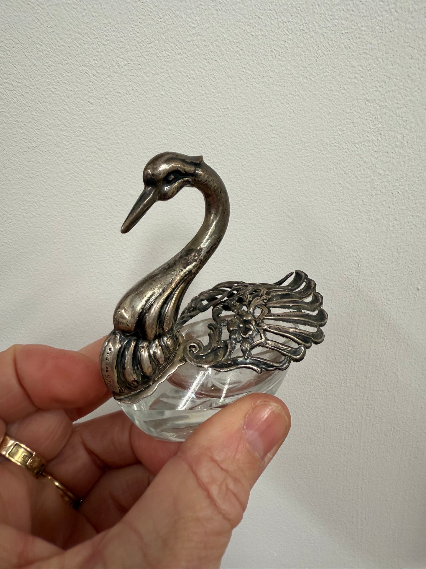 Antique Sterling Silver (925) Crystal Swan Salt Cellar