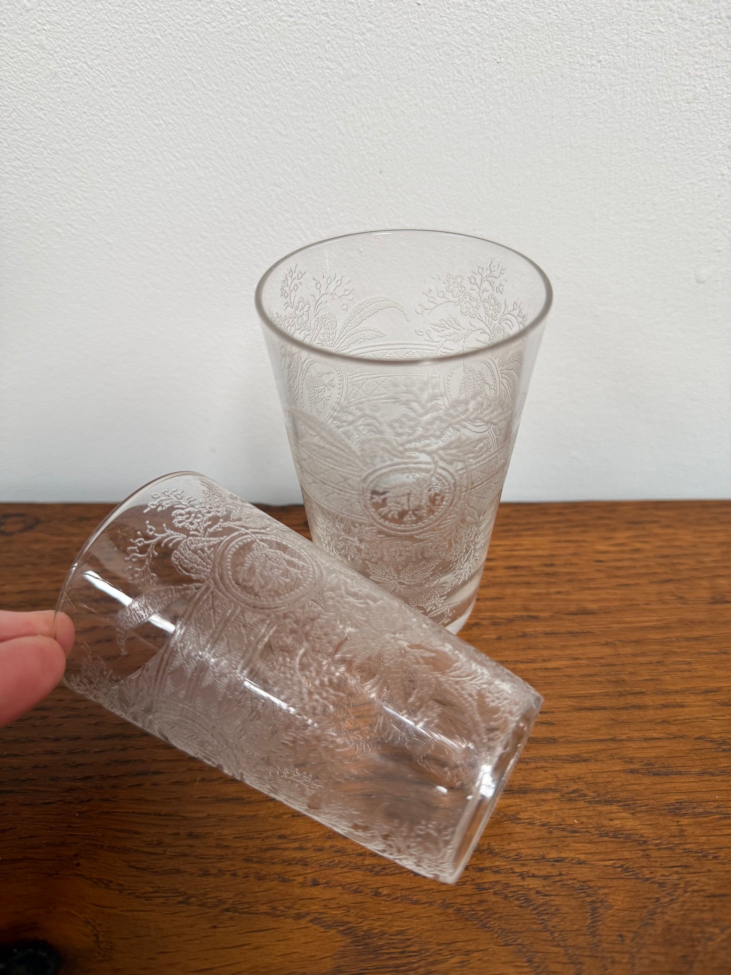 Pair Acid Etched Antique Drinking Glasses
