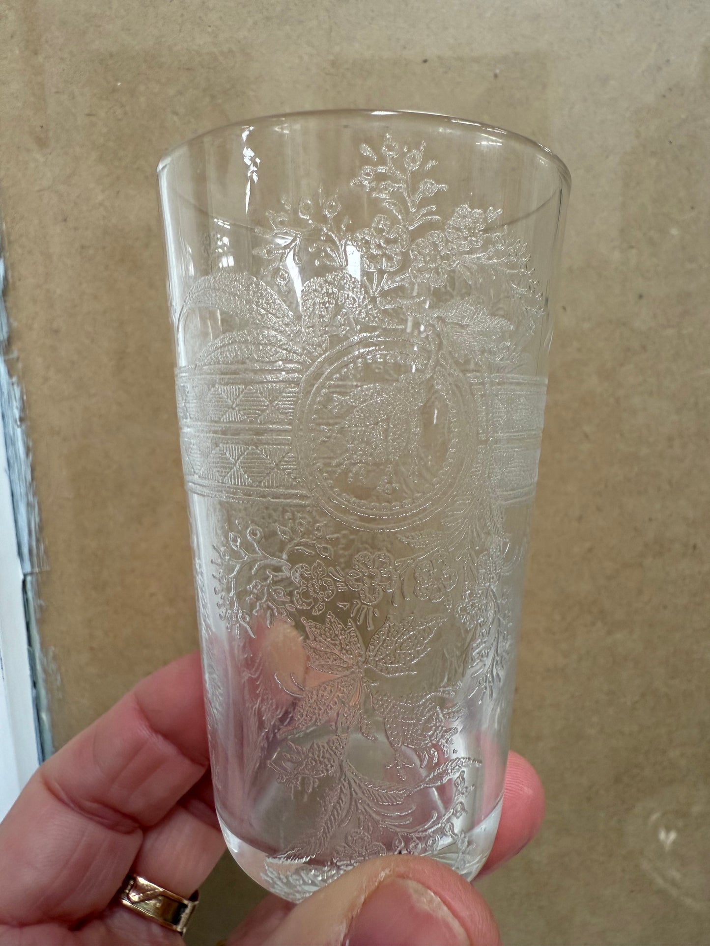 Pair Acid Etched Antique Drinking Glasses