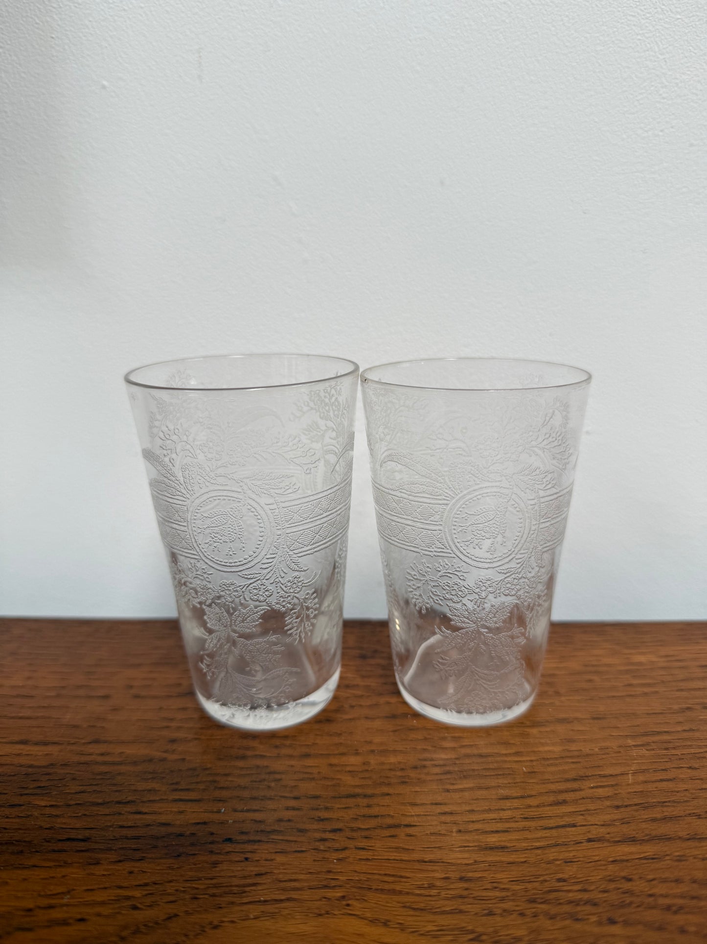 Pair Acid Etched Antique Drinking Glasses